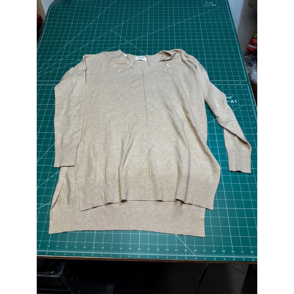 Zenana Womens XS V-Neck Oversized Tunic Sweater Oatmeal Beige High Low Seam